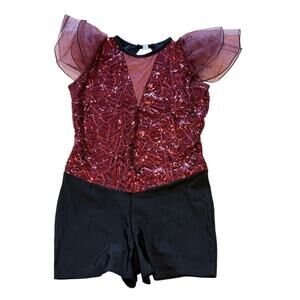 A Wish Come True Burgundy Sequin Dance Leotard Flutter Sleeve